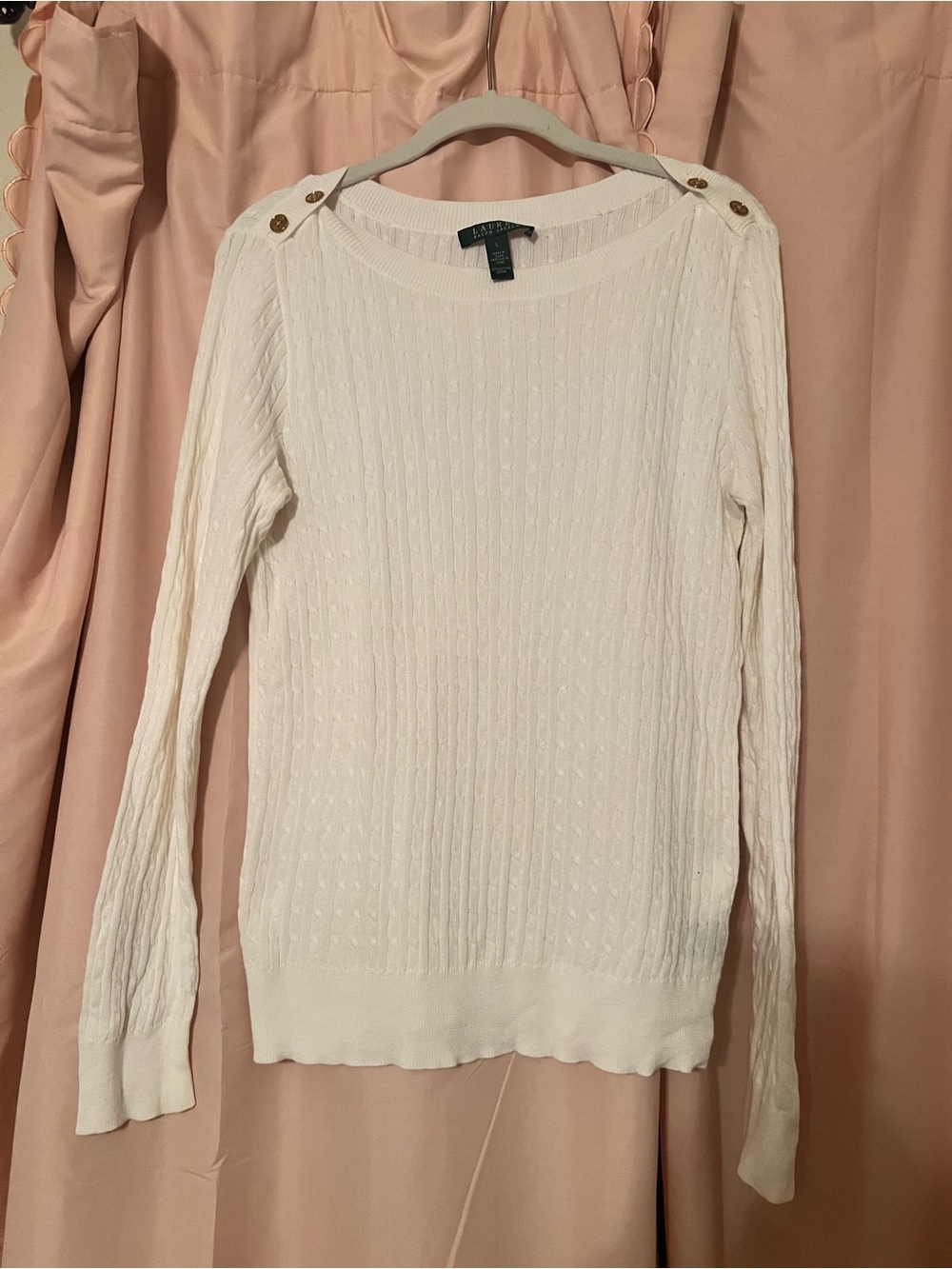 Ralph Lauren Off White Light Weight Cable-Knit Button-Shoulder Sweater